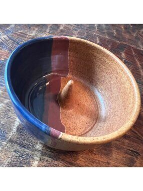 Handmade Pottery Microwave Omelet Maker With Abstract Blue & Brown Design
